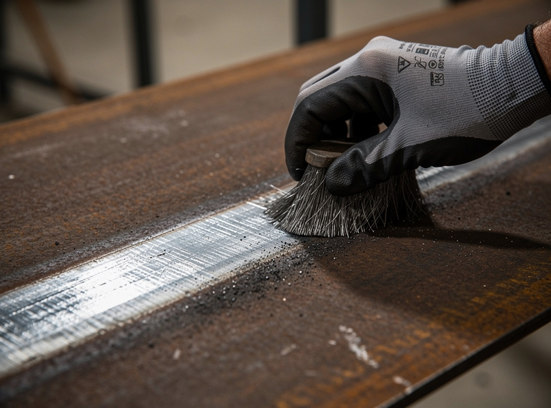 Hand pressing a wire-brush against dirty rusty mill-scale-coated steel plate showing how cleaning removes contaminants with clean shiny metal where brushed and rust still on unbrushed areas
