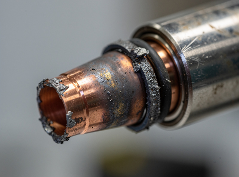 Macro view of a MIG welding torch nozzle showing accumulated spatter on the contact tip and inside the gas cup with slightly damaged O-rings visible