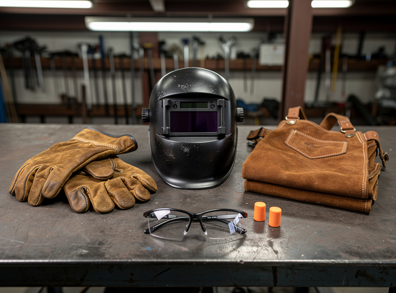 Welding PPE collection on workbench: auto-darkening helmet, leather gloves, apron, and safety glasses