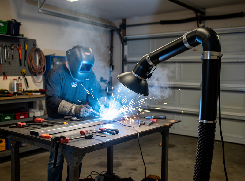 Fume extractor arm positioned near welding arc pulling smoke away in a home garage workshop