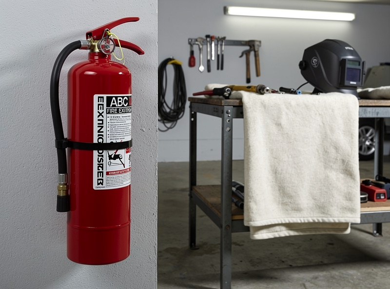 Red ABC fire extinguisher mounted on garage wall next to welding station with fire blanket