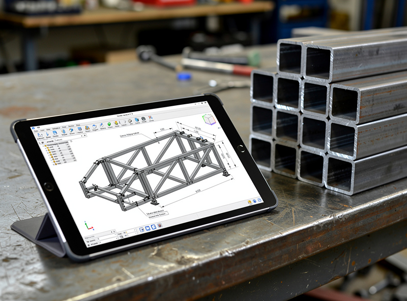 Steel tube sim rig frame design on a tablet beside cut steel tube on a workbench