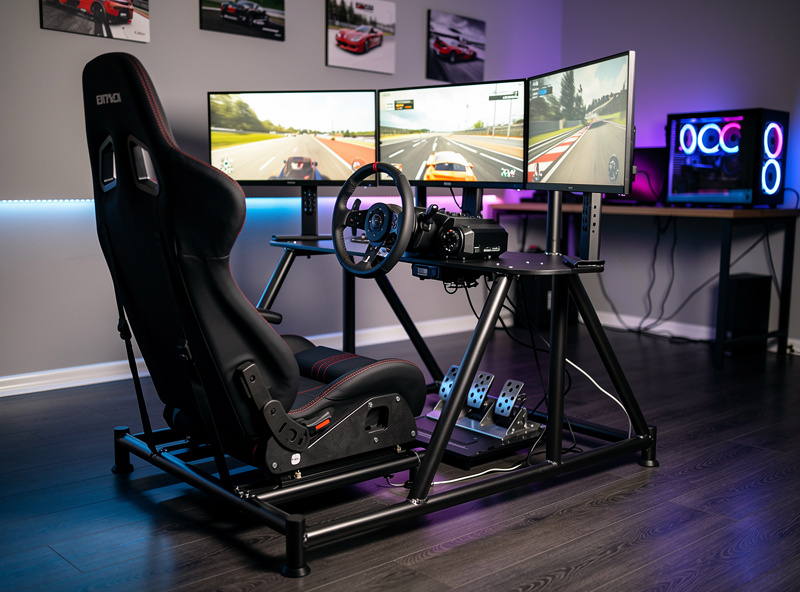 Completed welded steel-tube sim racing rig with direct drive wheel and triple monitors