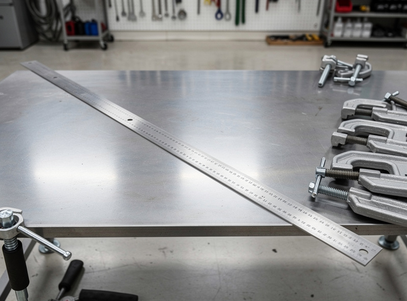 Checking welding table flatness with a straightedge across steel surface