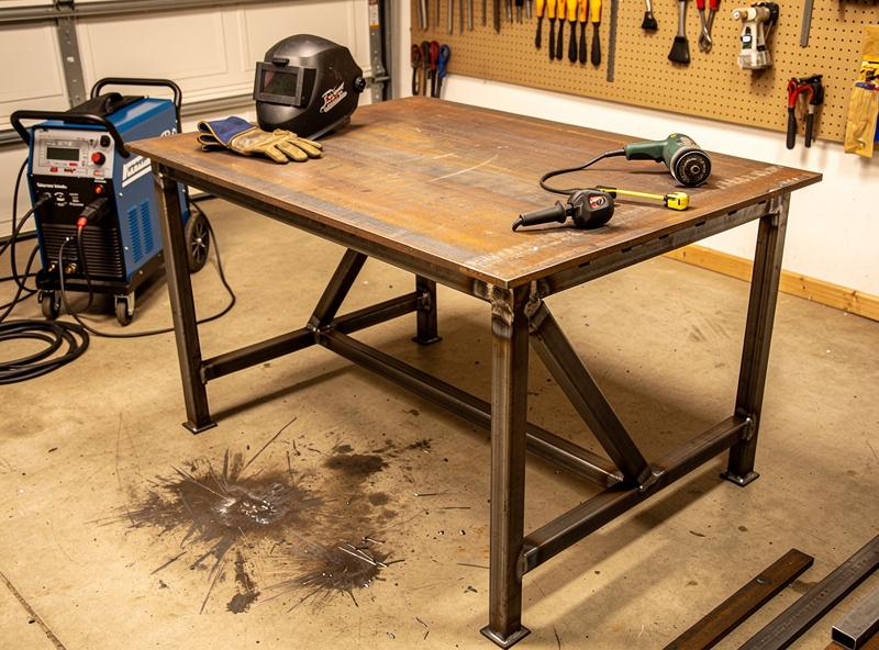 DIY welding table from steel plate and angle iron in home garage