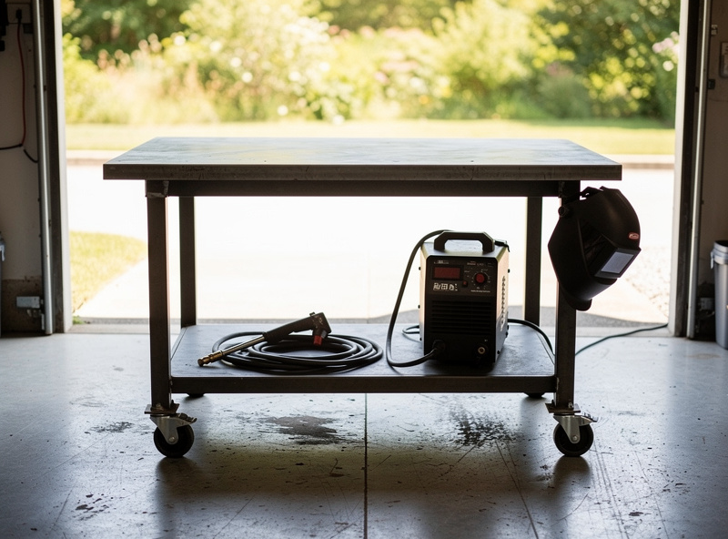 Mobile welding table with locking casters rolled to garage door