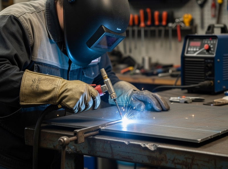 Photograph of someone demonstrating MIG welding technique showing correct gun angle and stickout distance with the welding arc visible on a steel plate