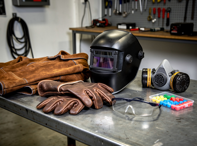 Photograph of welding safety equipment laid out on a workbench: auto-darkening helmet, leather jacket, gauntlet gloves, safety glasses, respirator, and ear plugs