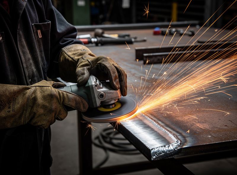 Welder grinding out a defective weld with angle grinder and flap disc, sparks visible on steel plate