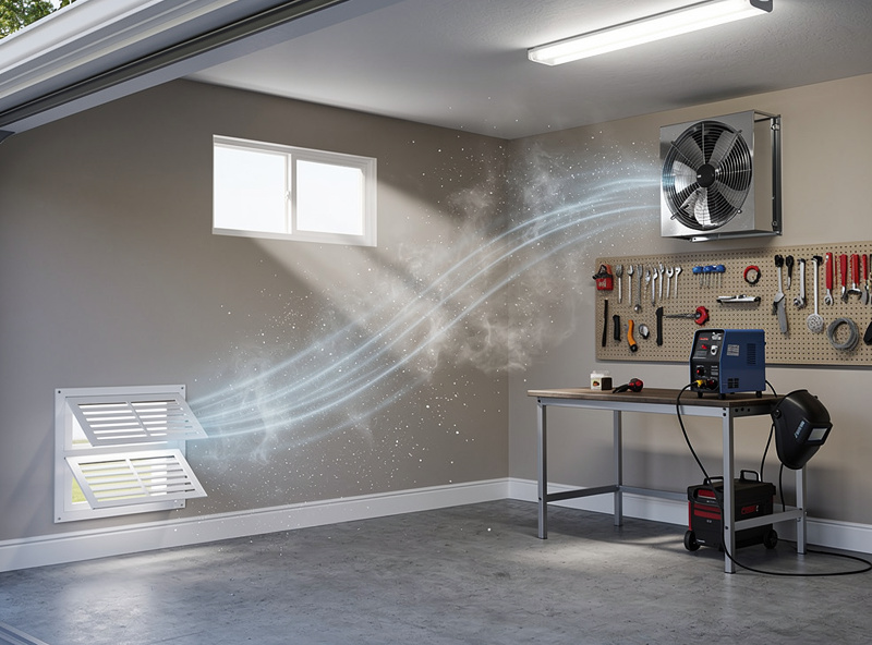 Cross-section style photograph of a residential garage showing optimal welding ventilation with through-wall exhaust fan above the welding station and fresh air intake louvers near the floor on the opposite wall