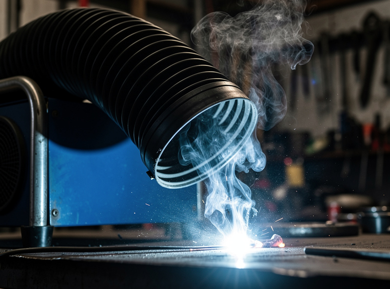 Macro close-up of a portable fume extractor unit with flexible duct hose hovering above an active welding arc with smoke being pulled cleanly into the hose