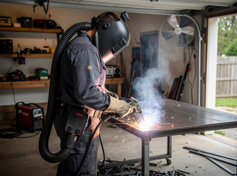 Welder wearing a powered air-purifying respirator helmet (PAPR) with battery pack on belt and supply tube running to the helmet in a home garage shop