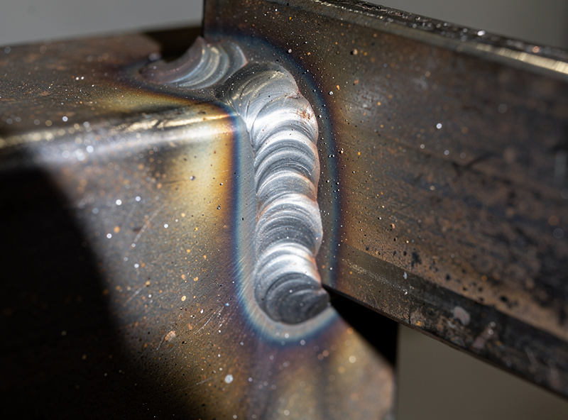 Close-up of MIG welder fillet weld on a steel angle bracket showing weld bead