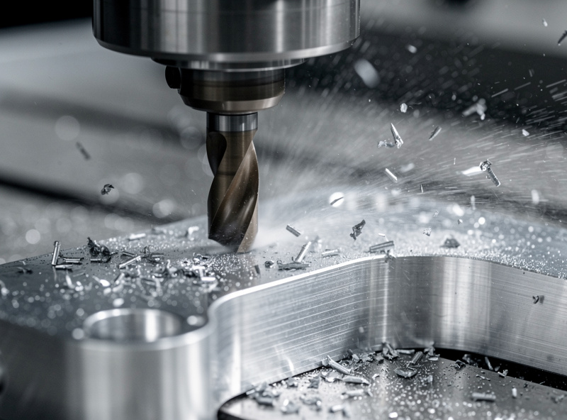 Close-up of CNC router milling an aluminum bracket with end mill chips and coolant