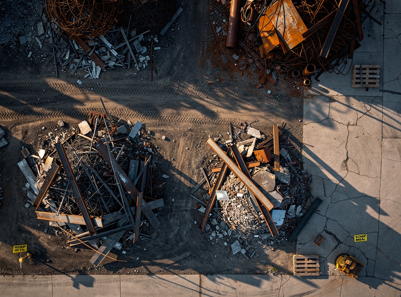 Top-down photograph of an outdoor scrap yard showing piles of mixed scrap steel including I-beams, sheet metal, rebar, and pipe sections