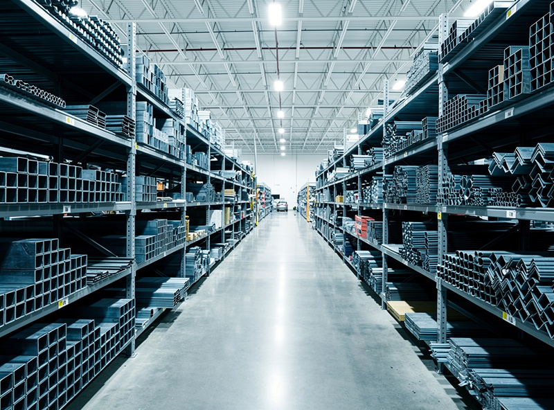 Big-box hardware store metal aisle showing organized racks of pre-cut square tubing, angle iron, and flat bar in convenient short lengths under fluorescent lighting
