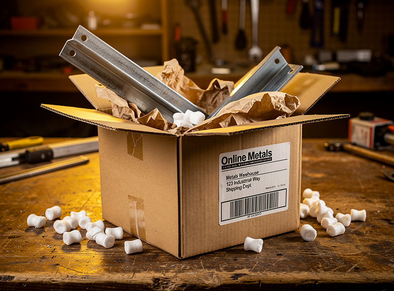 Cardboard shipping box with steel bar stock and angle iron pieces partially unpacked with packing peanuts visible and an online metals supplier shipping label on the side