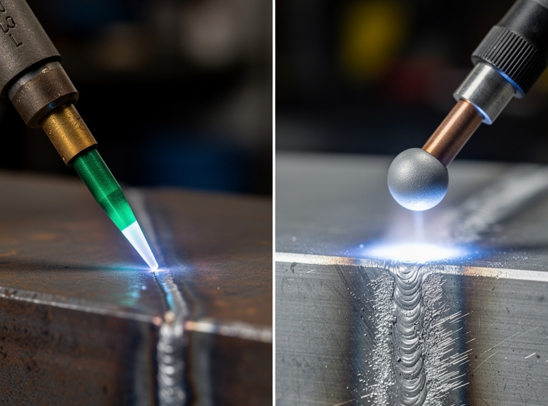 Split comparison of a DC TIG arc on steel with a sharp tungsten and an AC TIG arc on aluminum with a rounded tungsten and frosty cleaning zone