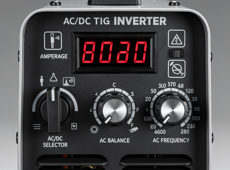 AC/DC TIG inverter control panel showing the AC/DC switch, AC balance, and AC frequency knobs