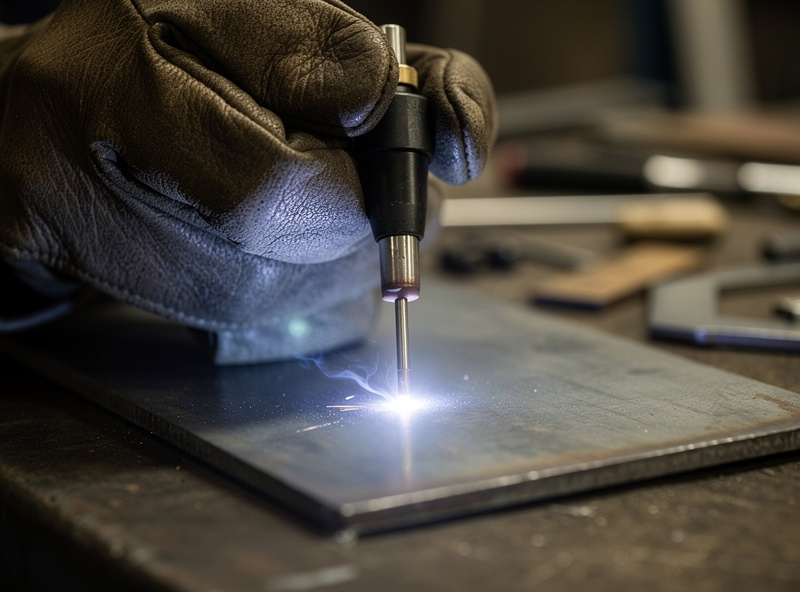 A welder initiating an HF-start TIG arc on steel without touching the tungsten to the workpiece