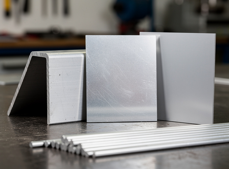 Three aluminum samples on a welding bench - 6061 extruded angle, 5052 marine sheet, and 3003 thin formed sheet - with TIG filler rods beside them