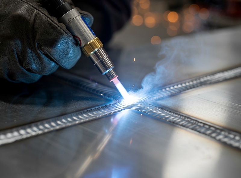 Welder TIG welding a 5052 aluminum sheet seam with pure argon shielding, bright clean weld pool and stacked-dime bead forming