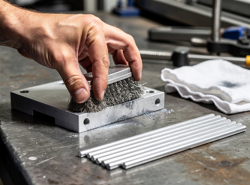 Clean aluminum weld joint prep showing a stainless wire brush scuffing the oxide layer off a 6061 aluminum bracket before TIG welding