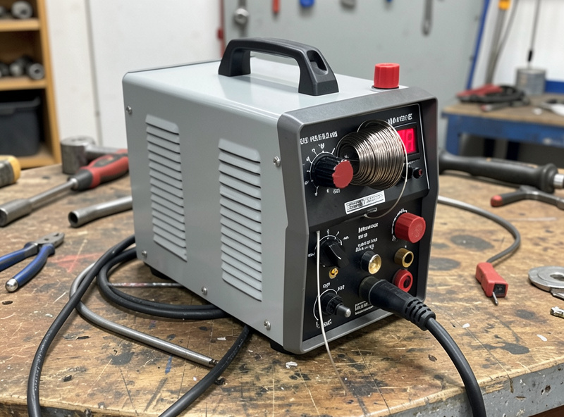 A compact 110V MIG welder set up on a bench for automotive sheet metal work