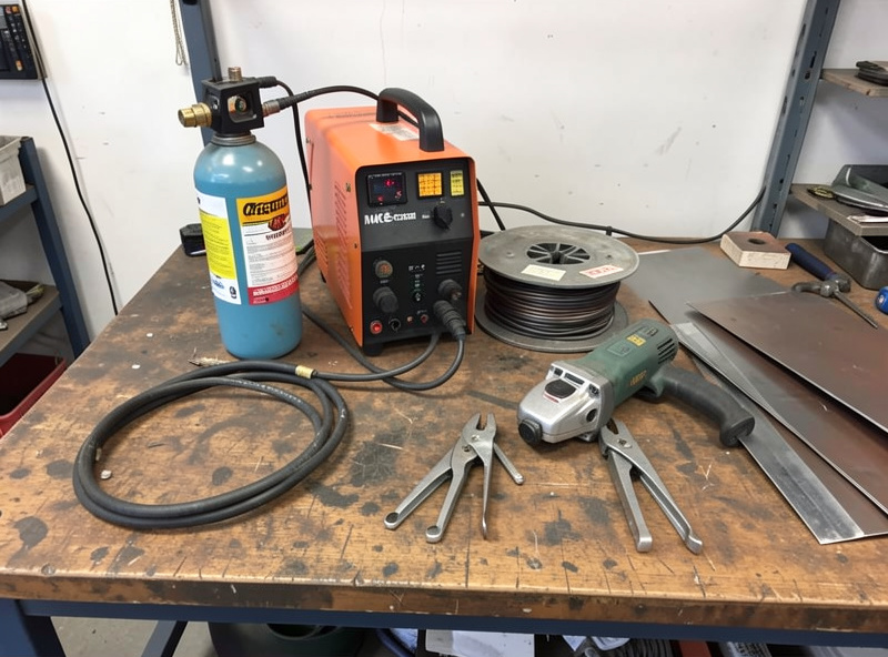 MIG welder with gas bottle, wire spool, and auto body clamps laid out on a workbench