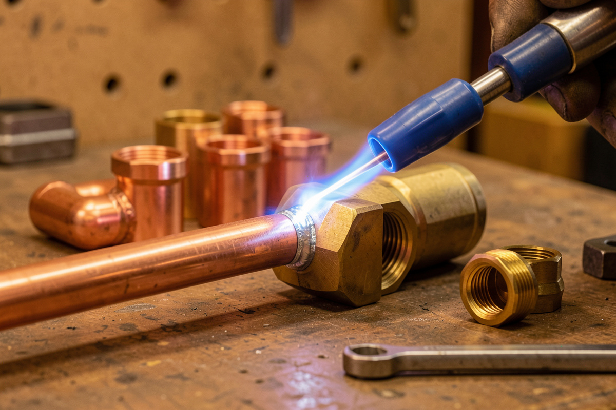 Brazing a copper and brass fitting with a torch