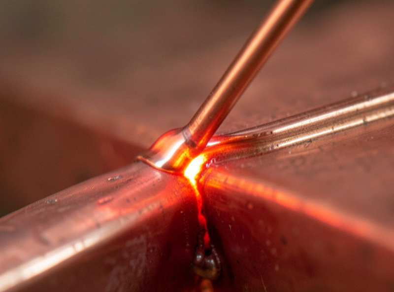 Copper-phosphorus brazing rod touching a glowing copper joint with filler flowing around the seam