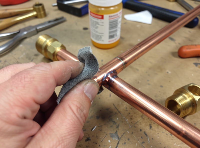 Cleaning a copper pipe end with emery cloth to bright metal before brazing
