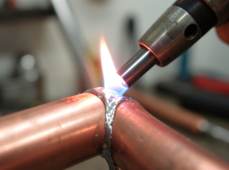 Brazing torch flame heating a copper pipe joint with silver filler flowing into the seam by capillary action