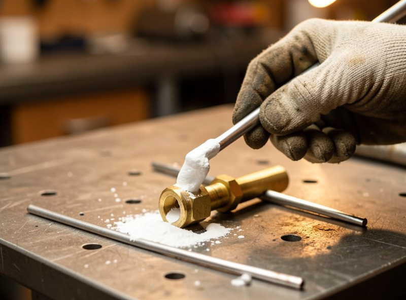 Gloved hand brushing white brazing flux onto a brass fitting clamped on a steel workbench