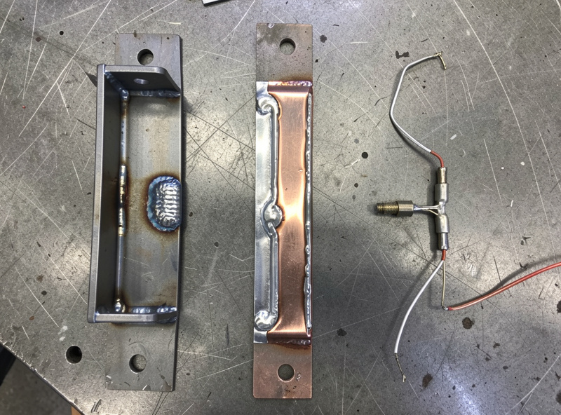 Top-down comparison of a MIG-welded steel bracket, a silver-brazed copper joint, and a soldered electrical connection side by side
