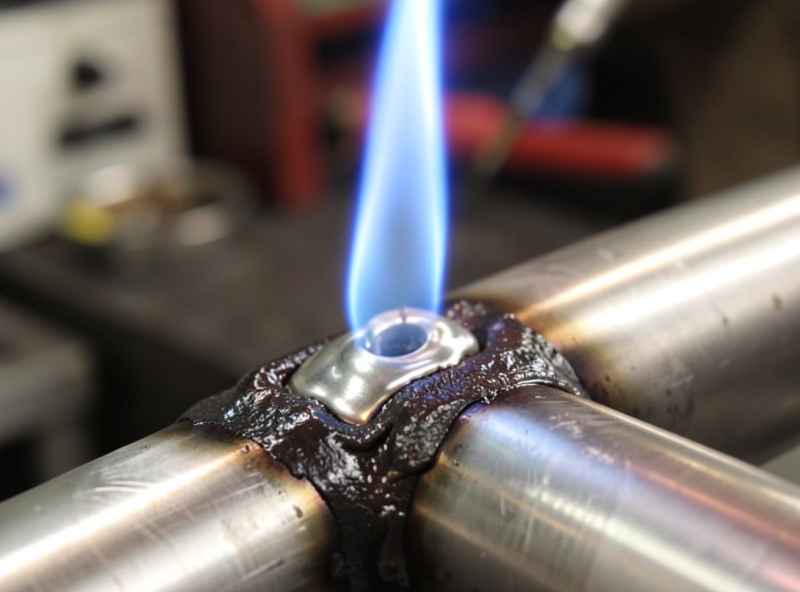 Bright silver filler flowing into a stainless steel joint coated with dark high-temperature flux