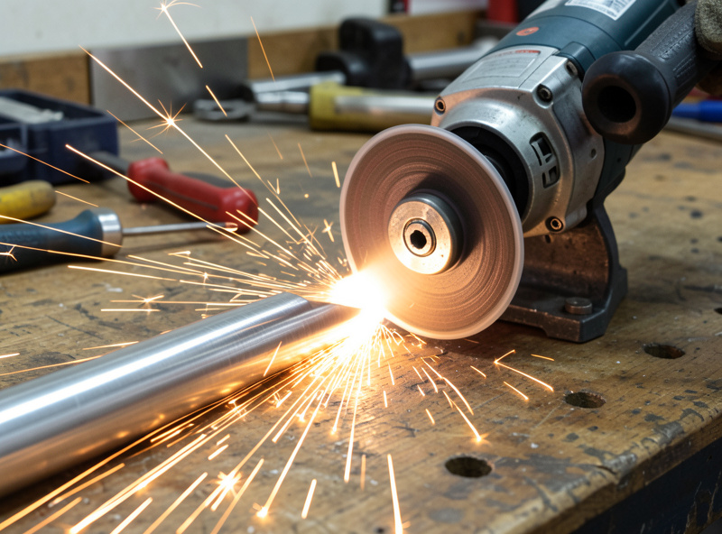 Cleaning a stainless steel tube to bright metal with a flap disc before brazing