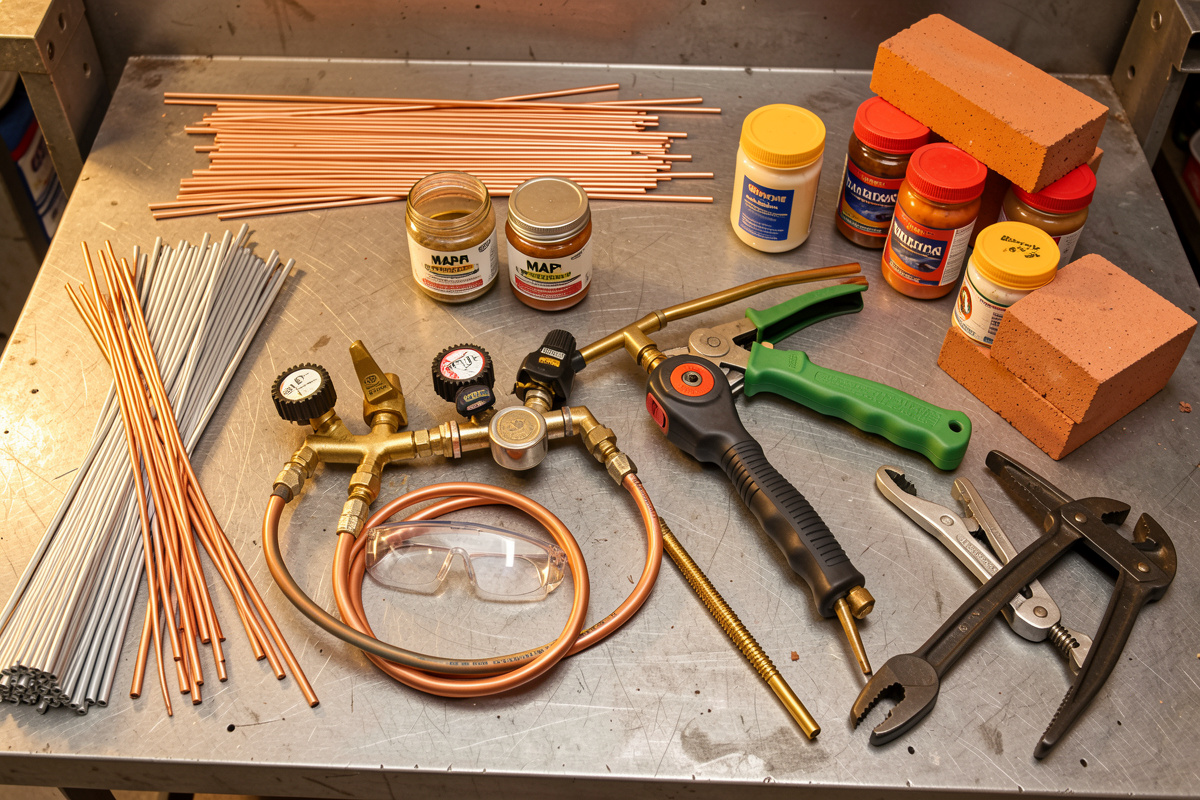 Brazing torch rod and flux laid out on a bench