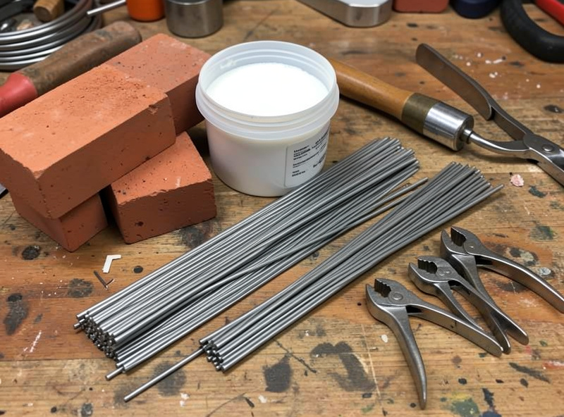 Brazing accessories on a bench: fire bricks, a tub of flux, bundles of filler rod, a striker, and clamps