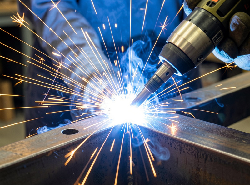Bright MIG welding arc fusing a steel joint with sparks and shielding glow