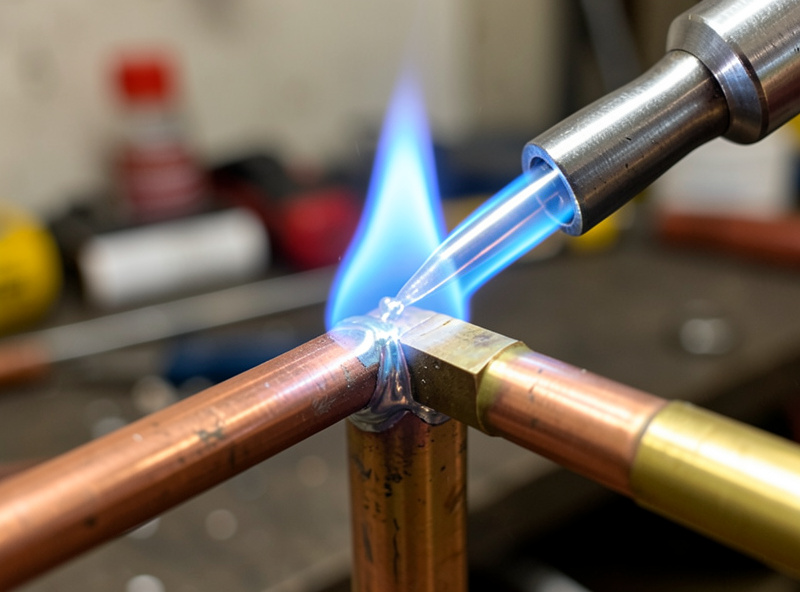 Torch brazing a copper to brass joint with bright silver filler flowing into the seam