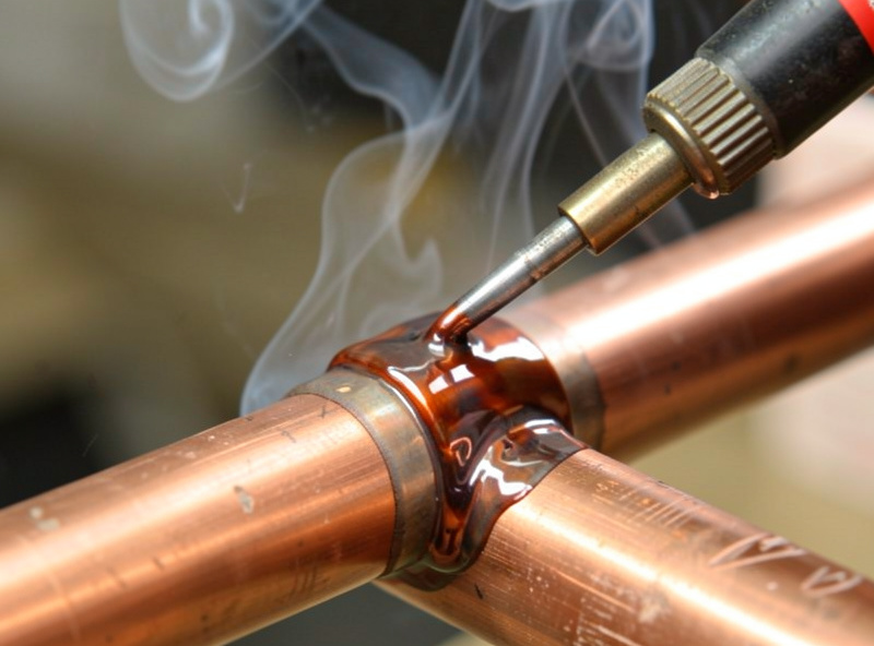 Soldering iron tinning a copper pipe joint with shiny molten solder