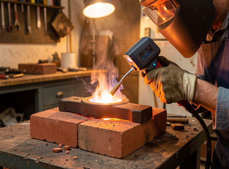 Propane torch evenly heating a cast iron casting while a welder checks temperature with an infrared thermometer