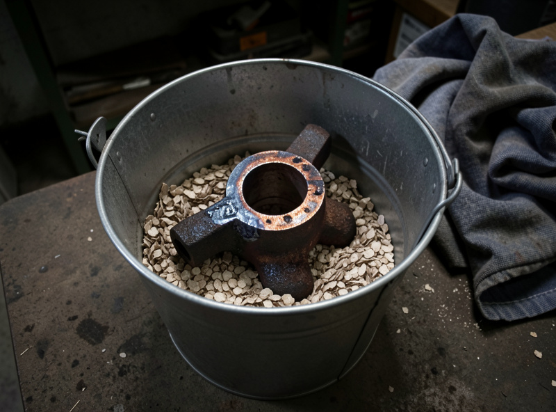 Freshly welded cast iron part cooling slowly in a bucket of dry vermiculite with a welding blanket nearby