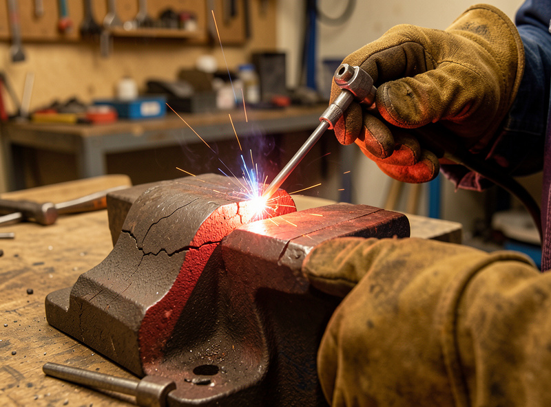 Cracked cast iron bracket clamped in a vise glowing dull red from preheat on a home welding bench