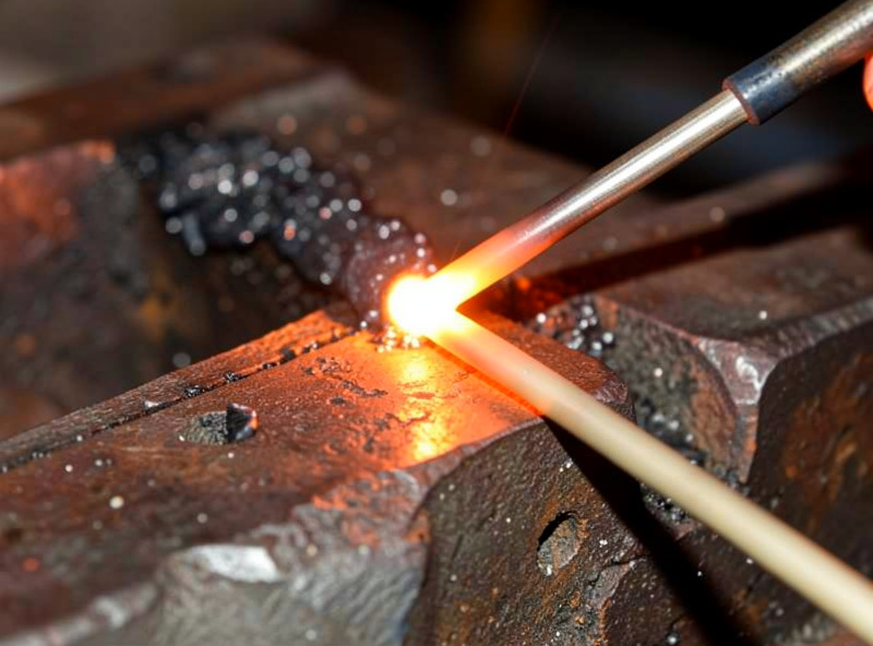 Stick electrode laying short stringer beads on a preheated cast iron casting with orange arc glow
