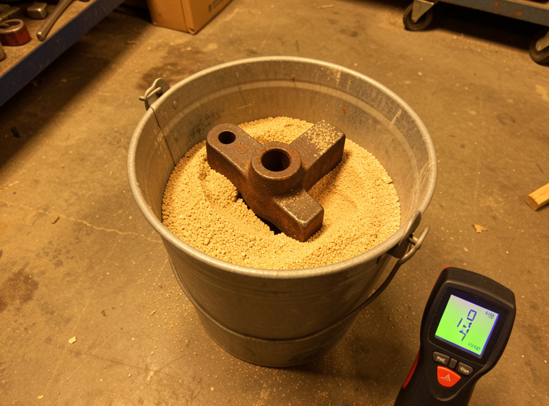 Repaired cast iron part cooling slowly buried in a bucket of dry sand on a workshop floor