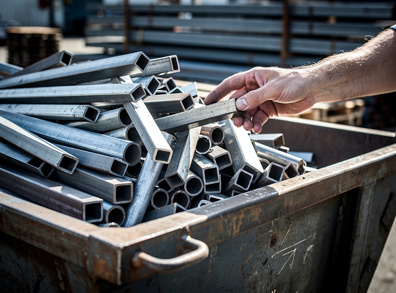 A bin of short steel offcuts and drops in various sizes on a workshop floor, marked for welding practice coupons