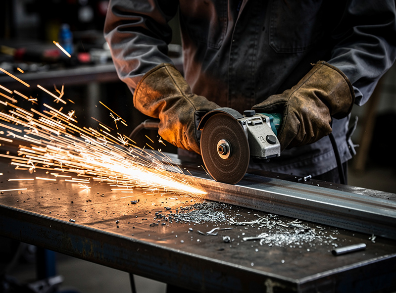 Welder cutting a long steel drop into small practice coupons with an angle grinder and cutoff wheel, sparks flying on a workbench