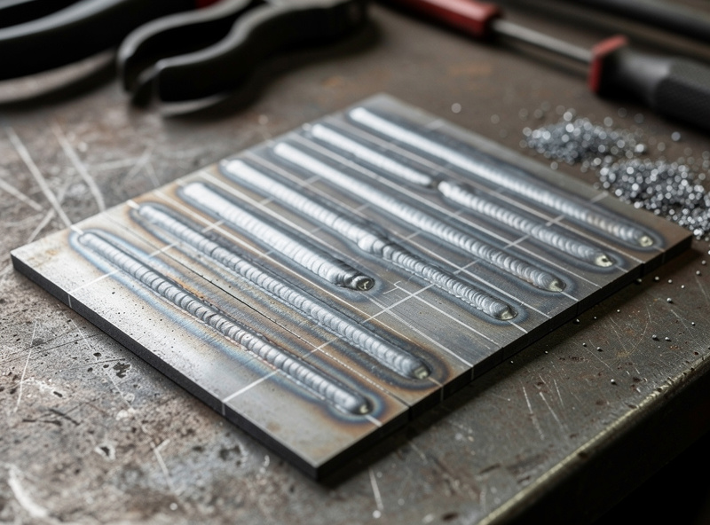 A row of mild steel practice coupons with multiple test weld beads laid across them on a welding bench, soapstone guide lines visible